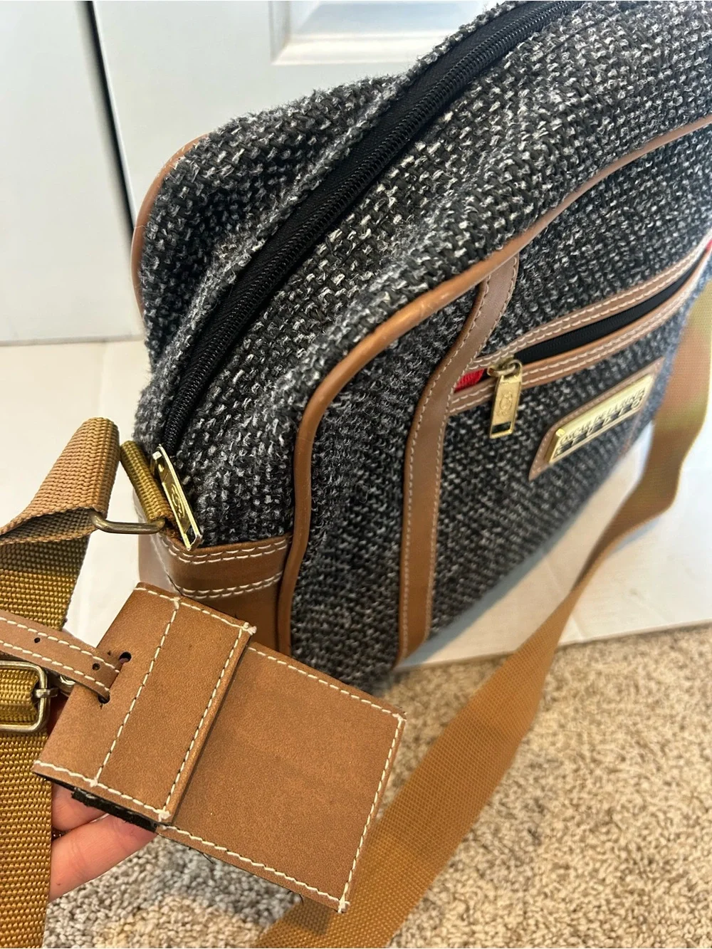 Oscar de la Renta Black Tweed Messenger Bag with Tan Trim and Red Accent
